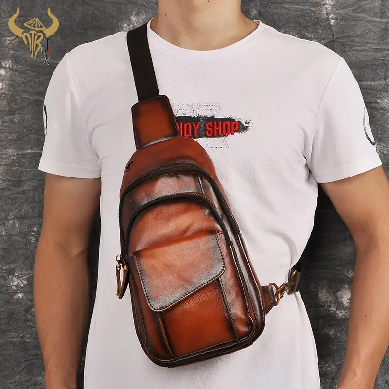 Mens cheap small lightweight fashion leather waterproof sling shoulder messenger bag