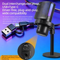 Microphone à condensateur USB RGB pour PC, téléphone, ordinateur de bureau, jeux, streaming, avec support antichoc, contrôle du volume pour l'enregistrement de podcasts