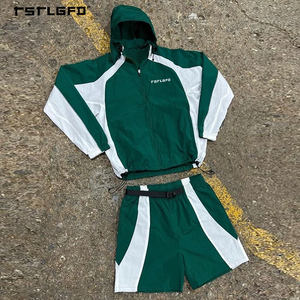 Ensemble court homme grande taille en nylon color-block avec coupe-vent rose et blanc et short – Survêtement streetwear deux pièces en gros - Product Image 5