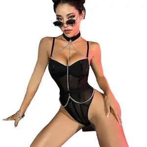 Girls Sexy Lavish Halter Body Suit Lingeries Black Mesh See Through Bodysuit Jumpsuit Lingerie With Chain