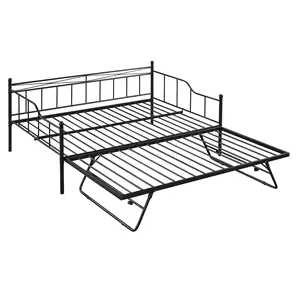 Multifunctional Twin Size Metal Daybed with Twin Size Adjustable Trundle Heavy-Duty Steel Bed Frame Portable Folding Trundle