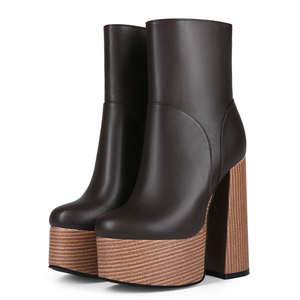 Bottines à talons épais et plateforme pour femme, grande taille 47, couleur bois, coupe large, bout rond, bottines courtes - Product Image 2