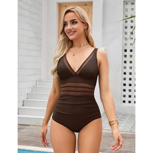 Traje de baño de una pieza con control de abdomen para mujer, traje de baño adelgazante con cuello en V y malla, color marrón M - Product Image 3