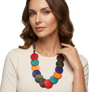 Handmade <b>Resin</b> <b>Craft</b> Beaded Necklace Round Circular Pattern Fashion Jewelry Statement Piece Multicolor Wooden Look Design - Product Image 1