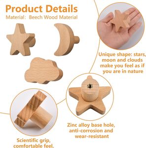 Diseño de lujo Manija de cajón de madera natural Estrella Luna Nube Sombrero Ganchos Montado en la pared Dormitorio Niños Colgando Ropa Ganchos de pared de madera - Product Image 3