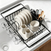 Égouttoir à vaisselle extensible BX pour évier, organisateur de rangement de cuisine avec porte-ustensiles et crochets pour bols, assiettes, tasses et couverts