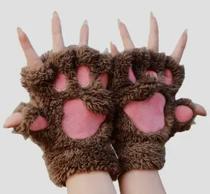 Bán buôn Cat Claw Găng tay mùa đông dễ thương phim hoạt hình mèo cô gái ngón găng tay dày sang trọng gấu Paw nửa ngón tay găng tay