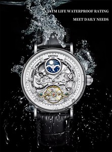 Drop Shipping KINYUED Men's Mechanical <b>Watch</b> <b>Skeleton</b> Dial Moon Phase Genuine Leather Band Waterproof 3BAR Luminous Display - Product Image 6