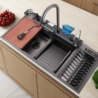 Évier de cuisine intelligent en acier inoxydable SUS304 noir nano, cuve simple, avec robinet extractible, égouttoir, fabrication OEM, design moderne