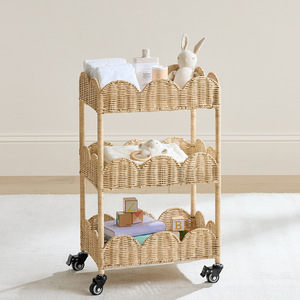 Rattan Woven <b>Storage</b> <b>Cart</b> 3 Tier With Wheels Movable Organizer For Toys And Bathroom Essentials Floor Standing Type - Product Image 1