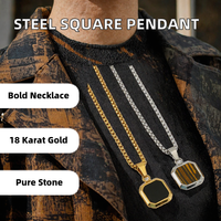 Collier pendentif carré en acier inoxydable avec incrustation de coquillage, chaîne à maillons, bijoux géométriques unisexes, cadeau de mode