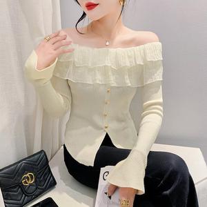Pull à manches longues pour femme avec col à volants et manches <span class=keywords><strong>évasée</strong></span>s pour l'automne-hiver, style t-shirt sexy - Product Image 2