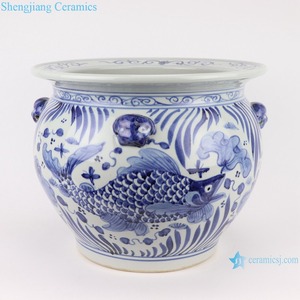 RZSD03 Pot de fleurs en céramique bleu et blanc à motif de poisson <span class=keywords><strong>avec</strong></span> tête de lion pour l'intérieur et le jardin <span class=keywords><strong>Réservoir</strong></span> <span class=keywords><strong>d</strong></span>'<span class=keywords><strong>eau</strong></span> - Product Image 4