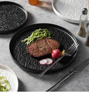 Nordic Style Black Ceramic Restaurant Tableware Plates For Hotel 8/10 Inch Round White Porcelain Steak Dishes Plate