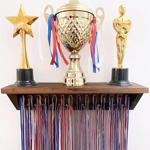 Wall Mount Wooden <strong>Medal</strong> Hanger Ribbon Display Rack Trophy <strong>Shelf</strong> for Soccer Running Race Awards - Product Image 2