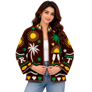 Chaqueta Bomber de Terciopelo Exótico para Mujer, Ropa de Verano para Vacaciones, Bordado de Ondas Amarillas, Trabajo Tradicional Indio, Tejido Transpirable - Product Image 1