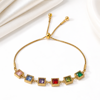 Bracelet carré en zircon coloré avec chaîne, réglable, en acier inoxydable plaqué or, bijoux pour femmes avec cristaux arc-en-ciel
