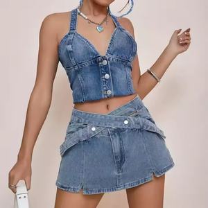 Nouvel Arrivage – Ensemble en Jean Femme de Haute Qualité : Crop Top Sexy à Bretelles et Mini-Jupe Évasée en Denim Délavé Effet Acide - Product Image 2