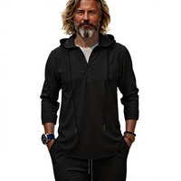 Ensemble de survêtement Henley à capuche pour homme, noir uni, manches longues, décontracté, respirant, anti-boulochage, en coton tricoté 220g, collection Printemps