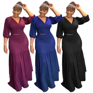 New Arrivals Sexy V-Neck Crop Top And High Waist Ruffles Skirt Two Piece Set Ladies Half-sleeved Blouse Maxi Skirt Matching Sets