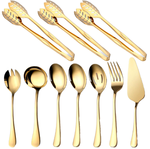 Ensemble de couverts en acier inoxydable argenté avec spatule à gâteau, service de 10 pièces, style doré, pour buffet et traiteur - Product Image 1