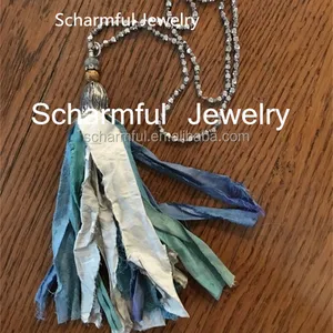 Csja — collier style bohème pour femmes, Sari en soie, perles en métal plaqué argent, bijou Chic, ss1903124