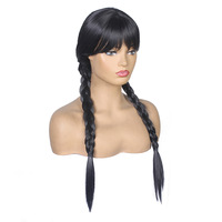 Wig Kepang Panjang Hitam Kustom HLC dengan Poni Wig Sintetis Hitam Panjang Buatan untuk Wanita Wig Cosplay Karakter Penyihir Anime