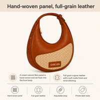 Sac Hobo Croissant en Cuir Pleine Fleur Cognac 3453, Tressé à la Main en Fibres Naturelles, Bandoulière Réglable, Sac à Main d'Épaule pour Femme, Vente en Gros