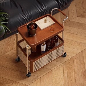 無垢材可動式収納中世風トロリーリビングルームソファコーヒーテーブル収納ラック籐製スナックカート - Product Image 2