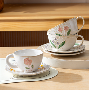 Wholesale Vintage Floral Embossed Ceramic <b>Tea</b> <b>Cup</b> and Saucer <b>Set</b>, Custom Tulip Coffee <b>Cup</b> for Home & Restaurant - Product Image 6