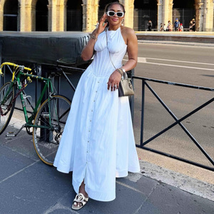 Robe midi blanche élégante pour <span class=keywords><strong>femme</strong></span>, cintrée à la taille, style africain, nouvelle collection, grande jupe évasée - Product Image 2