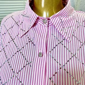 Women's Elegant <b>Rhinestone</b> Diamond-Patterned Casual Loose Lightweight Summer Breathable Long-Sleeve Collared Shirt <b>Top</b> - Product Image 6