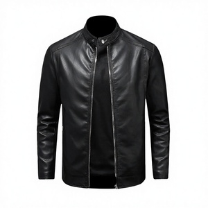 Blouson en cuir pour homme printemps-automne, col montant, coupe ajustée, fermeture éclair, imperméable, style décontracté, pour motard, en vente en ligne - Product Image 1