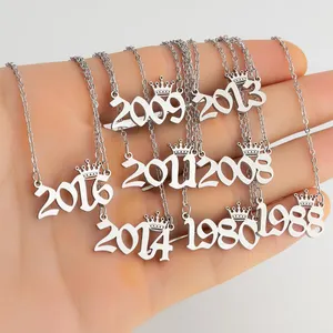 Fashion Gold Crown Year Of Birth 1980-2019 Choker Necklace Stainless Steel Number Pendant Necklaces For Birthday Jewelry Gifts