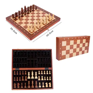 15" Magnetic Wooden Chess Sets Chess Checkers Set With 2 Extra Queens Foldable Wooden Chess Set Board Handmade Portable