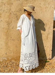 <span class=keywords><strong>Robe</strong></span> <span class=keywords><strong>longue</strong></span> bohème de plage 2026 – Nouvelle collection été pour femme, col en V, broderie ajourée, patchwork, poches, décontractée, ample, <span class=keywords><strong>blanche</strong></span> - Product Image 4