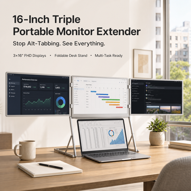 Portable Triple Screen Laptop Extender 3x16 Inch 1920x1200 Foldable Monitor Stand for Remote Work and Multitasking