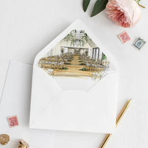 Ensemble d'enveloppes de mariage de luxe bleu marine en kraft avec doublure intérieure motif château manoir aquarelle et impression personnalisée - Product Image 2