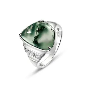 Wholesale Price Natural Gemstone Fine Jewelry Sterling Silver 925 Geometric Shape Green Moss Agate Ring Vintage For Girl