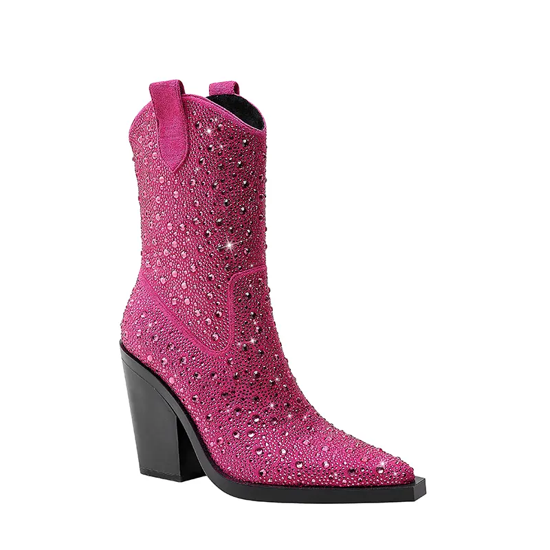 WETKISS özel marka fuşya renk orta buzağı çizmeler Cowgirl Texas batı kadın çizmeler parlaklık ışıltılı kovboy çizmeler