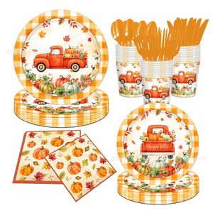 Autumn Harvest Pumpkin Party Dinnerware Set Paper Cups Napkins <b>Disposable</b> <b>Plates</b> for Family Gatherings - Product Image 1