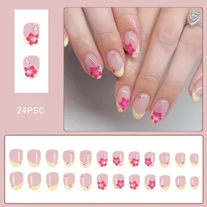 <span class=keywords><strong>Uñas</strong></span> Francesas Amarillas a Presión, 24 Piezas, <span class=keywords><strong>Uñas</strong></span> <span class=keywords><strong>Postizas</strong></span> Cortas Ovaladas <span class=keywords><strong>con</strong></span> Estampado <span class=keywords><strong>de</strong></span> Flores Rosas, Moda <span class=keywords><strong>de</strong></span> Verano, <span class=keywords><strong>Uñas</strong></span> Artificiales DIY - Product Image 1