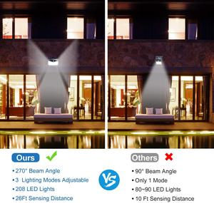 Lampe solaire murale extérieure étanche IP65 à 208 <span class=keywords><strong>LED</strong></span> avec détecteur de mouvement, lampe solaire carrée pour mur, clôture, cour, garage, terrasse, allée - Product Image 4