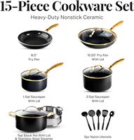 Ensemble d'ustensiles de cuisine antiadhésifs en or noir de 15 pièces, casseroles et poêles en céramique lavables au lave-vaisselle, ustensiles de cuisine en métal durable