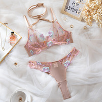 Ensemble de lingerie sexy rose brodé de fleurs en dentelle pour femme, soutien-gorge push-up à armatures en maille transparente et string, 2 pièces, respirant pour l'été