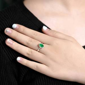 18K White Gold Oval Natural Emerald <b>Ring</b>, 1.09ct Emerald with 0.18ct Total 18 Pcs Accent <b>Diamonds</b> Halo Engagement <b>Ring</b> for Women - Product Image 4