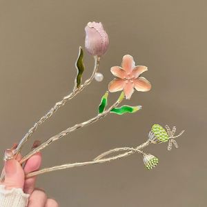 Vintage <b>Sweet</b> <b>Flower</b> Hairpin for Women Elegant Metal Enamel Hair Stick Spring <b>Flower</b> Element Hairpin Hanfu Hair Accessories - Product Image 2