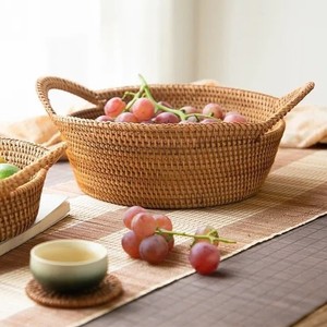 Handmade Eco Friendly Round Rattan Storage <b>Basket</b> with Handles Woven <b>Bread</b> Fruit Tray for Kitchen and Dining Table Decor - Product Image 1