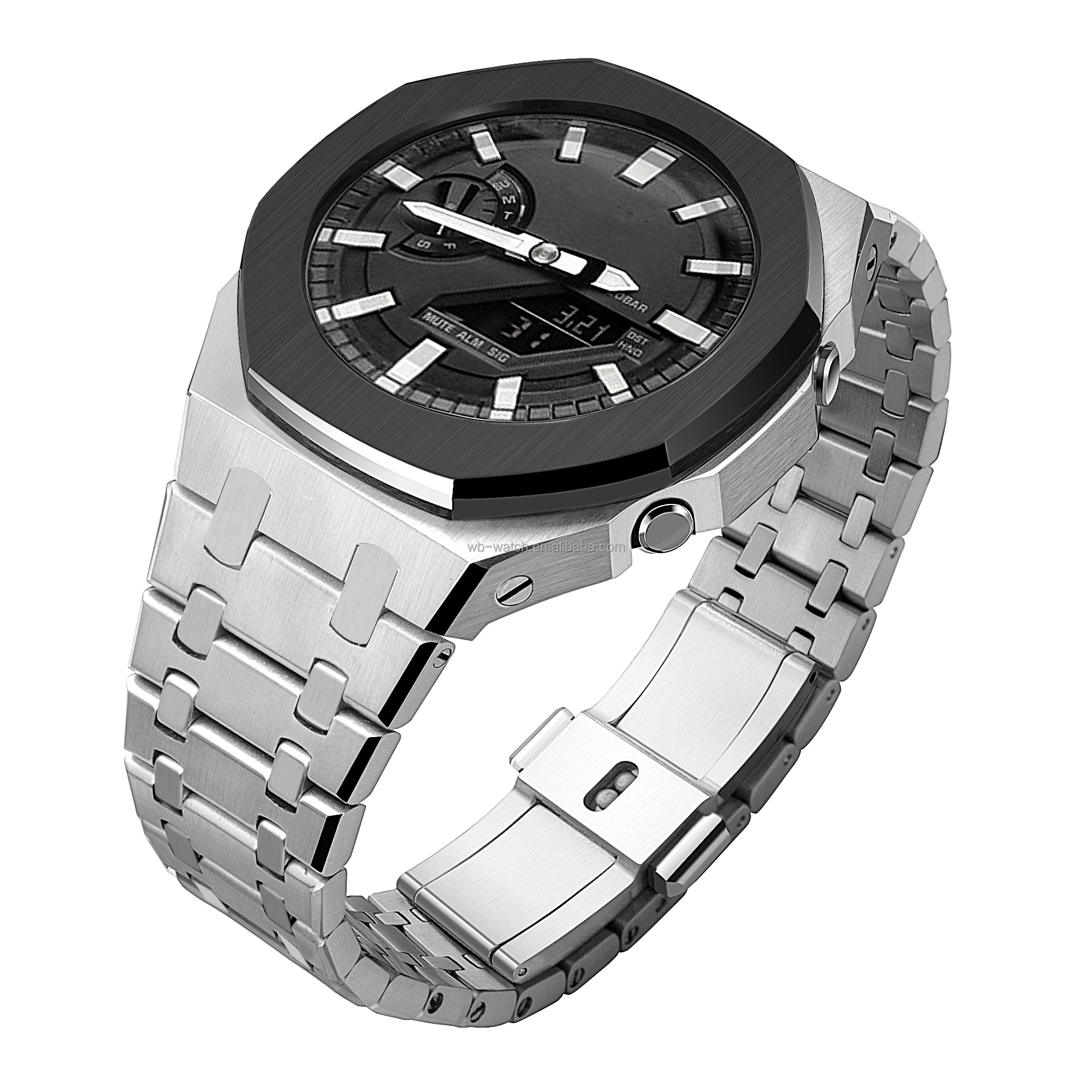Boîtier argenté, lunette noire + bracelet argenté en acier inoxydable