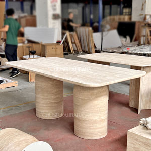 طاولة طعام من حجر الترافرتين الطبيعي بتصميم عصري للفنادق والفلل بسطح بيضاوي كبير - Product Image 3